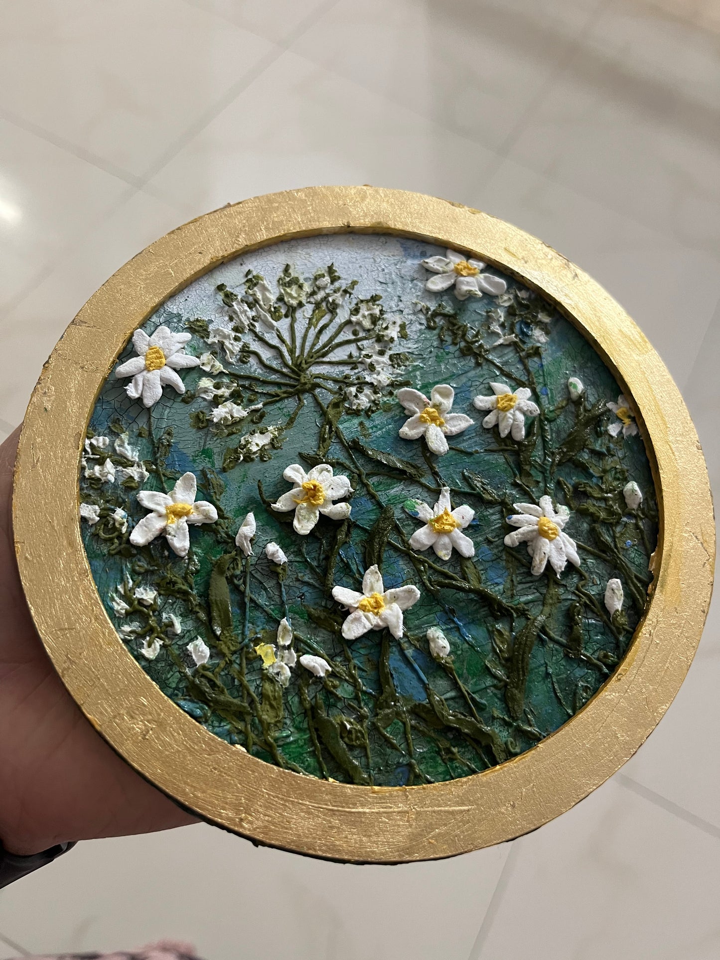 Summer , white flowers painting 6 inches in diameter round in shape