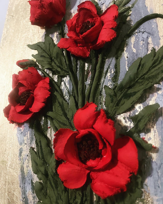 Bright red poppies floral sculpture painting