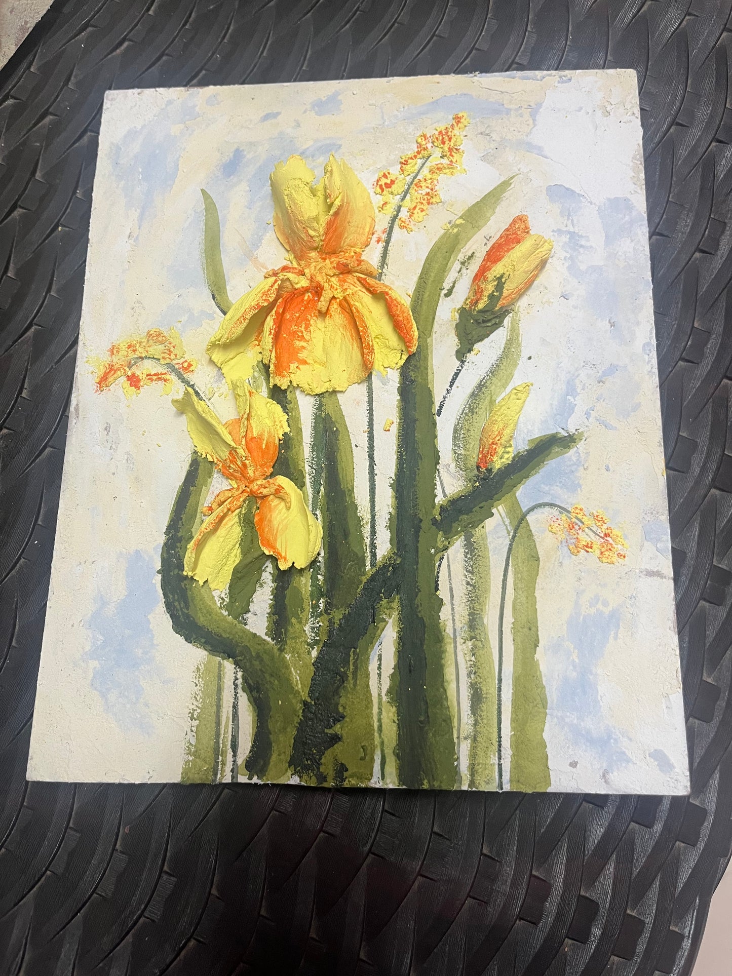 Yellow Orchids painting on wooden base, size 12'x10' unframed, sculpture painting